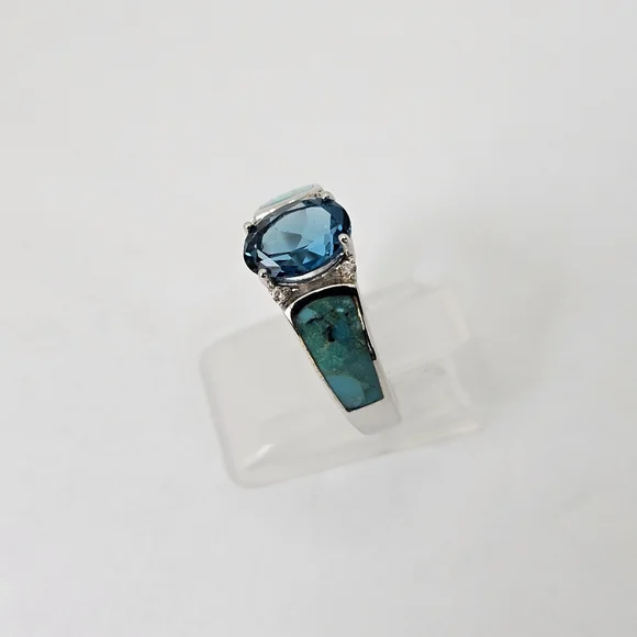 Genuine London Blue Topaz & Turquoise Ring Sterling Silver Size 7 NEW - Picture 4 of 7